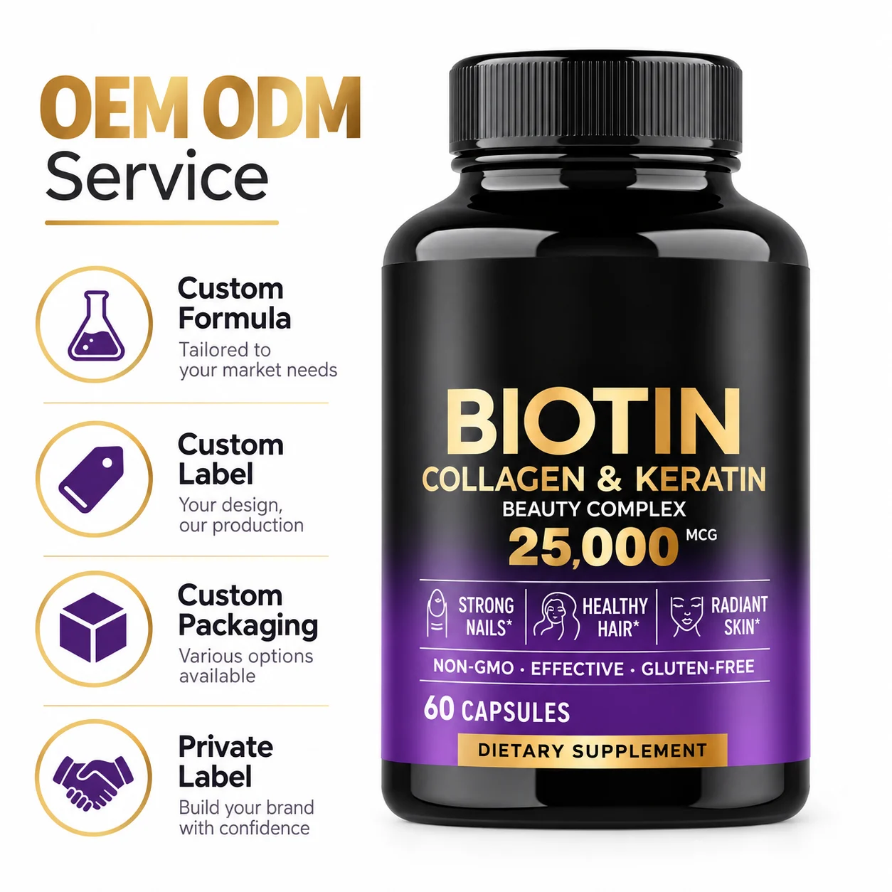 Biotin Collagen & Keratin Beauty Complex 25,000 mcg, 60 Capsules for Hair Skin & Nails, OEM ODM Private Label Supplement