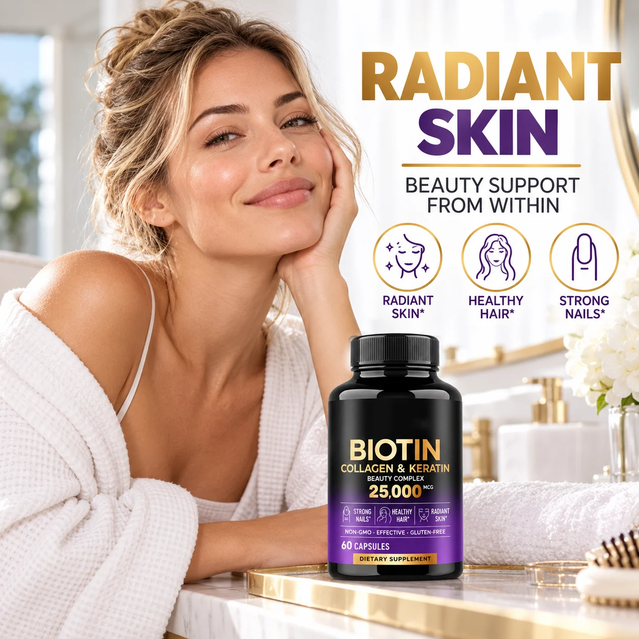 Biotin Collagen & Keratin Beauty Complex 25,000 mcg, 60 Capsules for Hair Skin & Nails, OEM ODM Private Label Supplement product detail