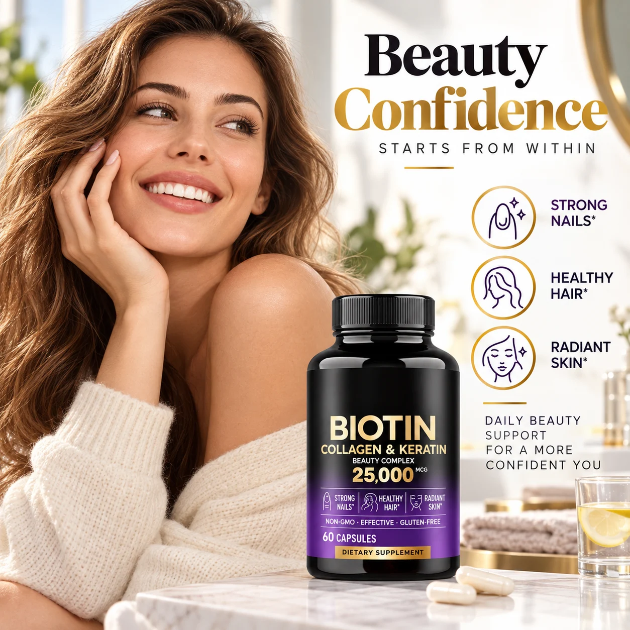 Biotin Collagen & Keratin Beauty Complex 25,000 mcg, 60 Capsules for Hair Skin & Nails, OEM ODM Private Label Supplement product detail