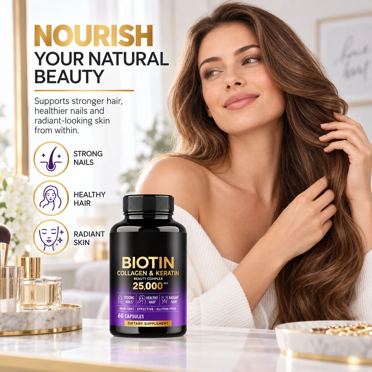 Biotin Collagen & Keratin Beauty Complex 25,000 mcg, 60 Capsules for Hair Skin & Nails, OEM ODM Private Label Supplement product detail