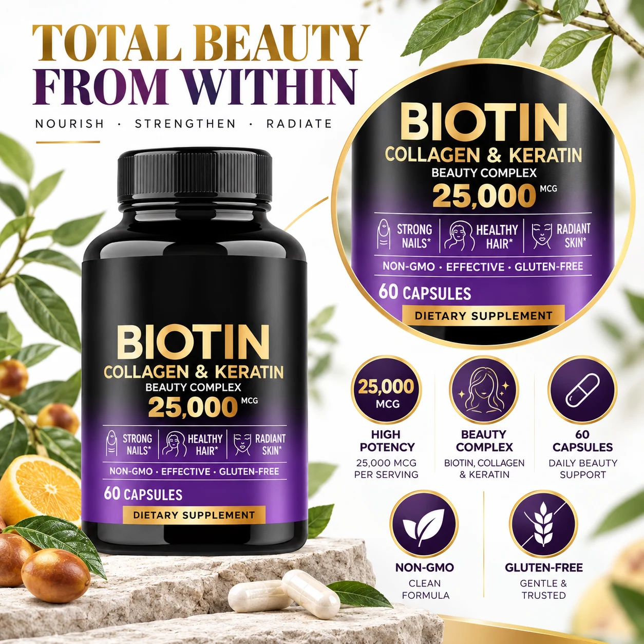 Biotin Collagen & Keratin Beauty Complex 25,000 mcg, 60 Capsules for Hair Skin & Nails, OEM ODM Private Label Supplement product detail