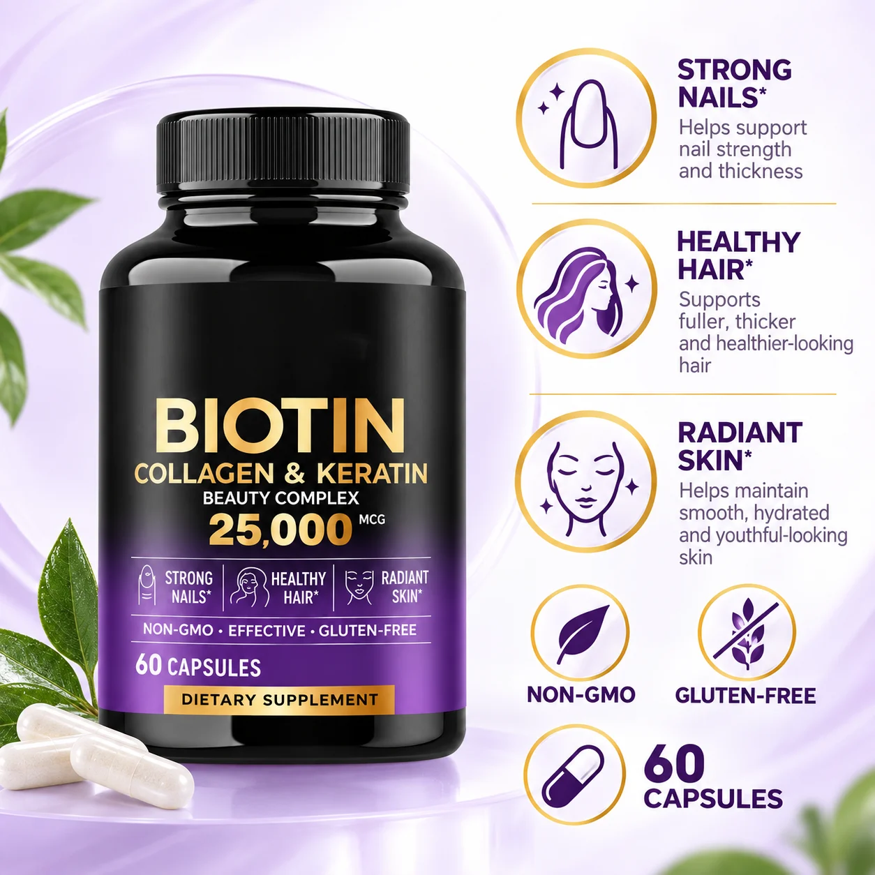 Biotin Collagen & Keratin Beauty Complex 25,000 mcg, 60 Capsules for Hair Skin & Nails, OEM ODM Private Label Supplement product detail