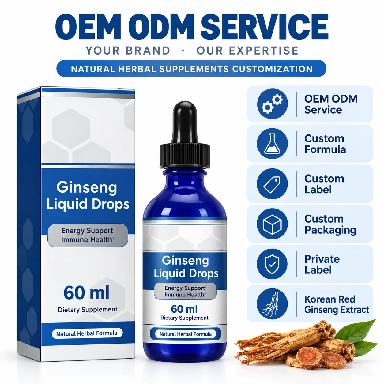 Korean Red Ginseng Liquid Drops 60ml, Natural Herbal Formula for Energy & Immune Support, OEM ODM Private Label Supplement