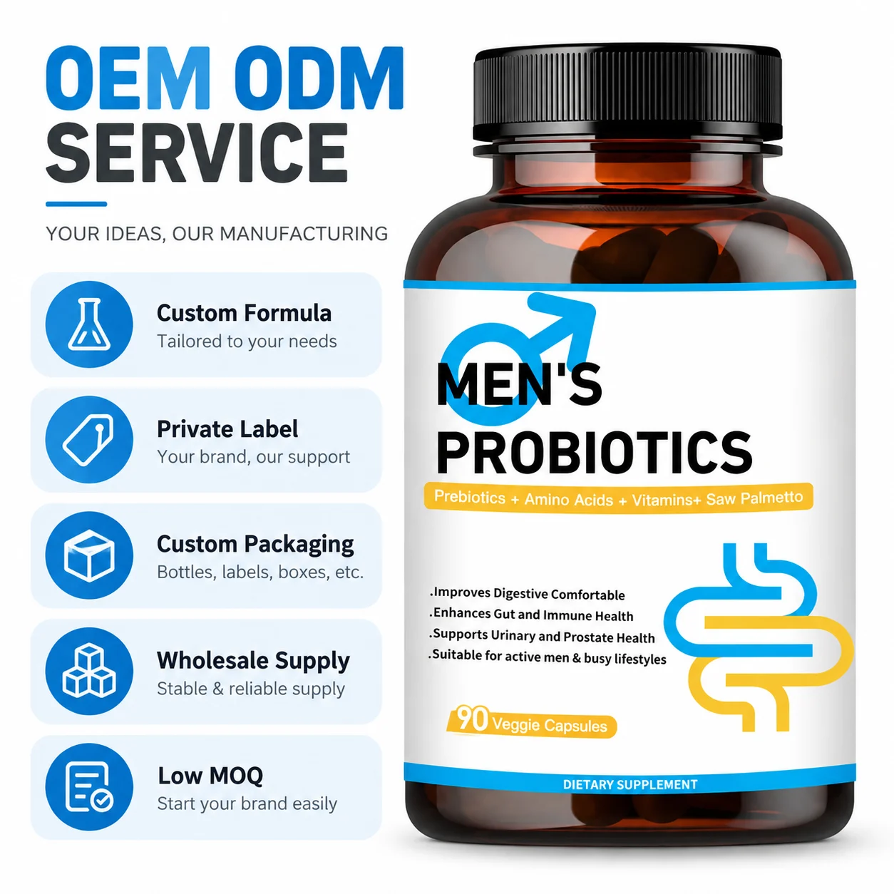 Men’s Probiotics with Prebiotics, Amino Acids, Vitamins & Saw Palmetto, 90 Veggie Capsules, OEM ODM Private Label Supplement