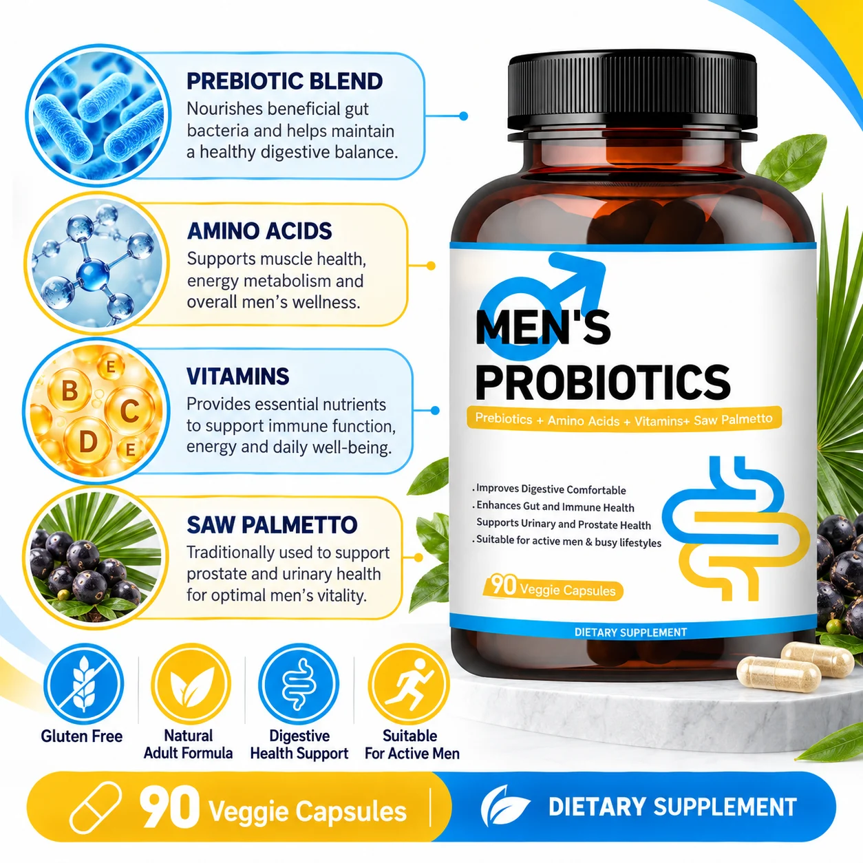 Men’s Probiotics with Prebiotics, Amino Acids, Vitamins & Saw Palmetto, 90 Veggie Capsules, OEM ODM Private Label Supplement product detail