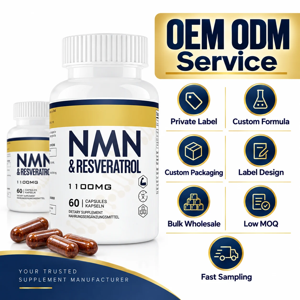 NMN & Resveratrol 1100mg, 60 Capsules Dietary Supplement, OEM ODM Private Label Custom Formula Wholesale Supply product detail