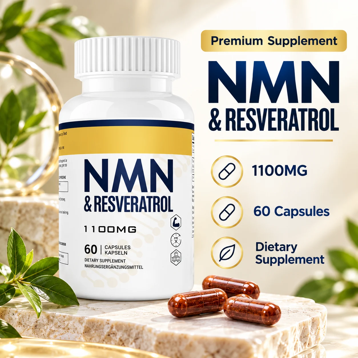 NMN & Resveratrol 1100mg, 60 Capsules Dietary Supplement, OEM ODM Private Label Custom Formula Wholesale Supply product detail