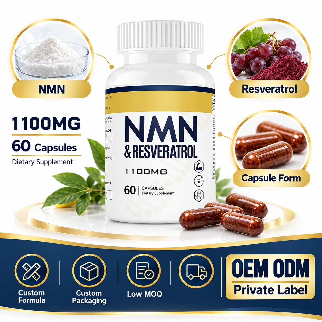NMN & Resveratrol 1100mg, 60 Capsules Dietary Supplement, OEM ODM Private Label Custom Formula Wholesale Supply product detail