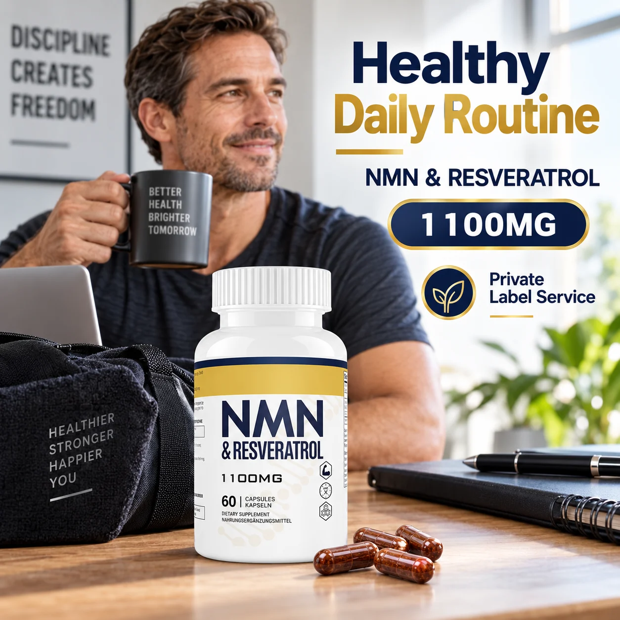NMN & Resveratrol 1100mg, 60 Capsules Dietary Supplement, OEM ODM Private Label Custom Formula Wholesale Supply product detail