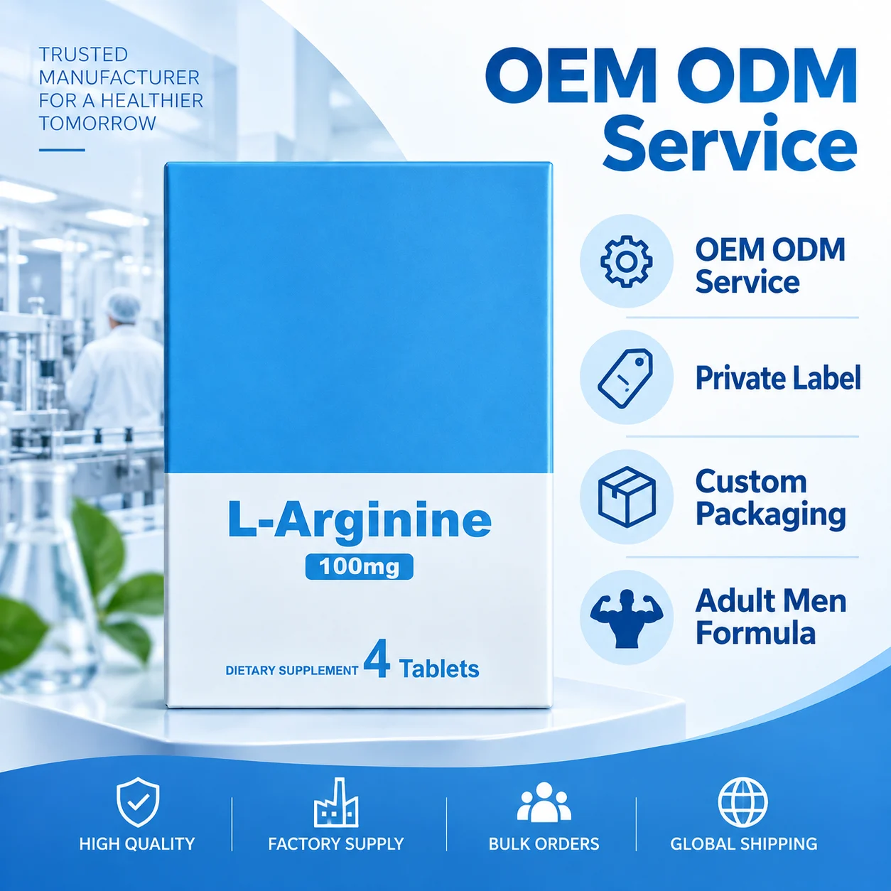 L-Arginine 100mg for Men, 4 Tablets Dietary Supplement for Energy & Vitality Support, OEM ODM Private Label