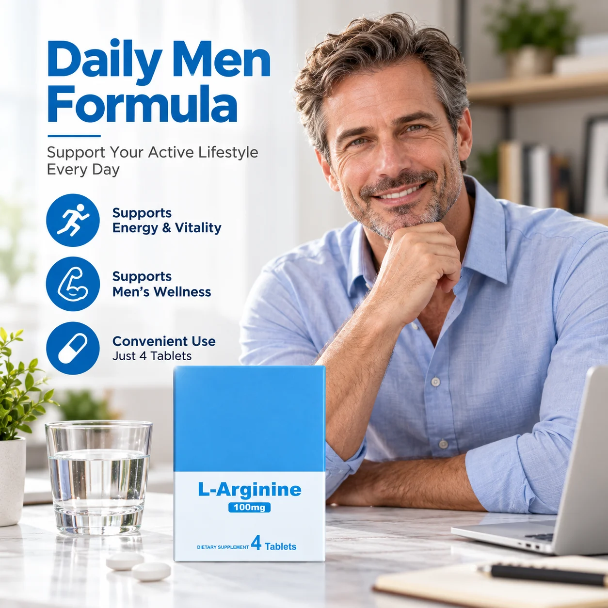 L-Arginine 100mg for Men, 4 Tablets Dietary Supplement for Energy & Vitality Support, OEM ODM Private Label product detail