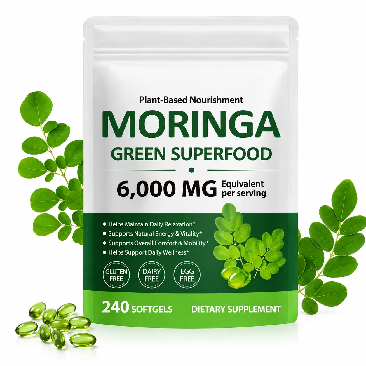 Moringa Green Superfood 6000mg Equivalent per Serving, 240 Softgels Plant-Based Dietary Supplement for Energy & Daily Wellness product detail
