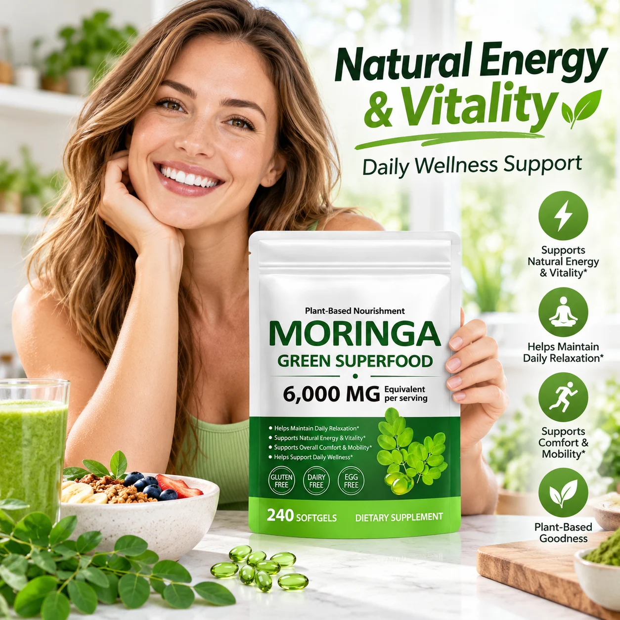 Moringa Green Superfood 6000mg Equivalent per Serving, 240 Softgels Plant-Based Dietary Supplement for Energy & Daily Wellness product detail