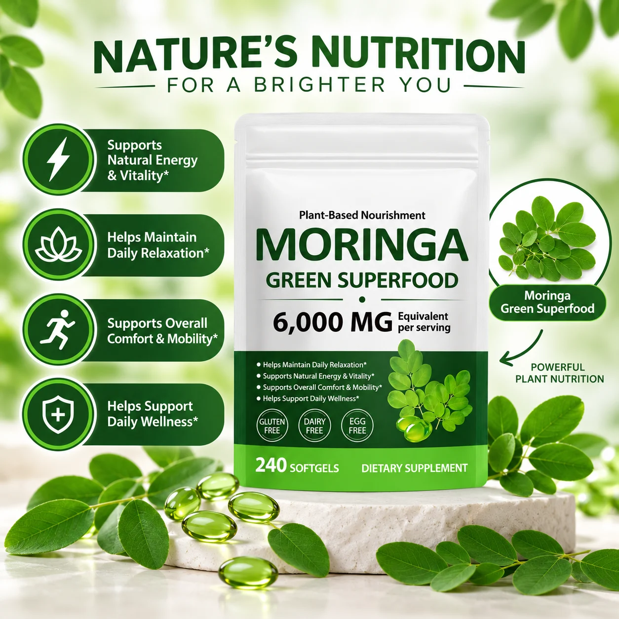 Moringa Green Superfood 6000mg Equivalent per Serving, 240 Softgels Plant-Based Dietary Supplement for Energy & Daily Wellness product detail