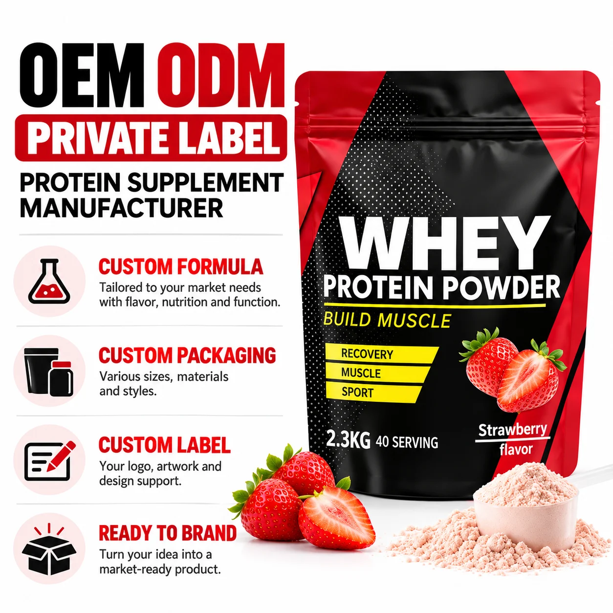 Whey Protein Powder Strawberry Flavor 2.3kg, 40 Servings, Muscle Recovery & Daily Protein Support, OEM ODM Private Label product detail