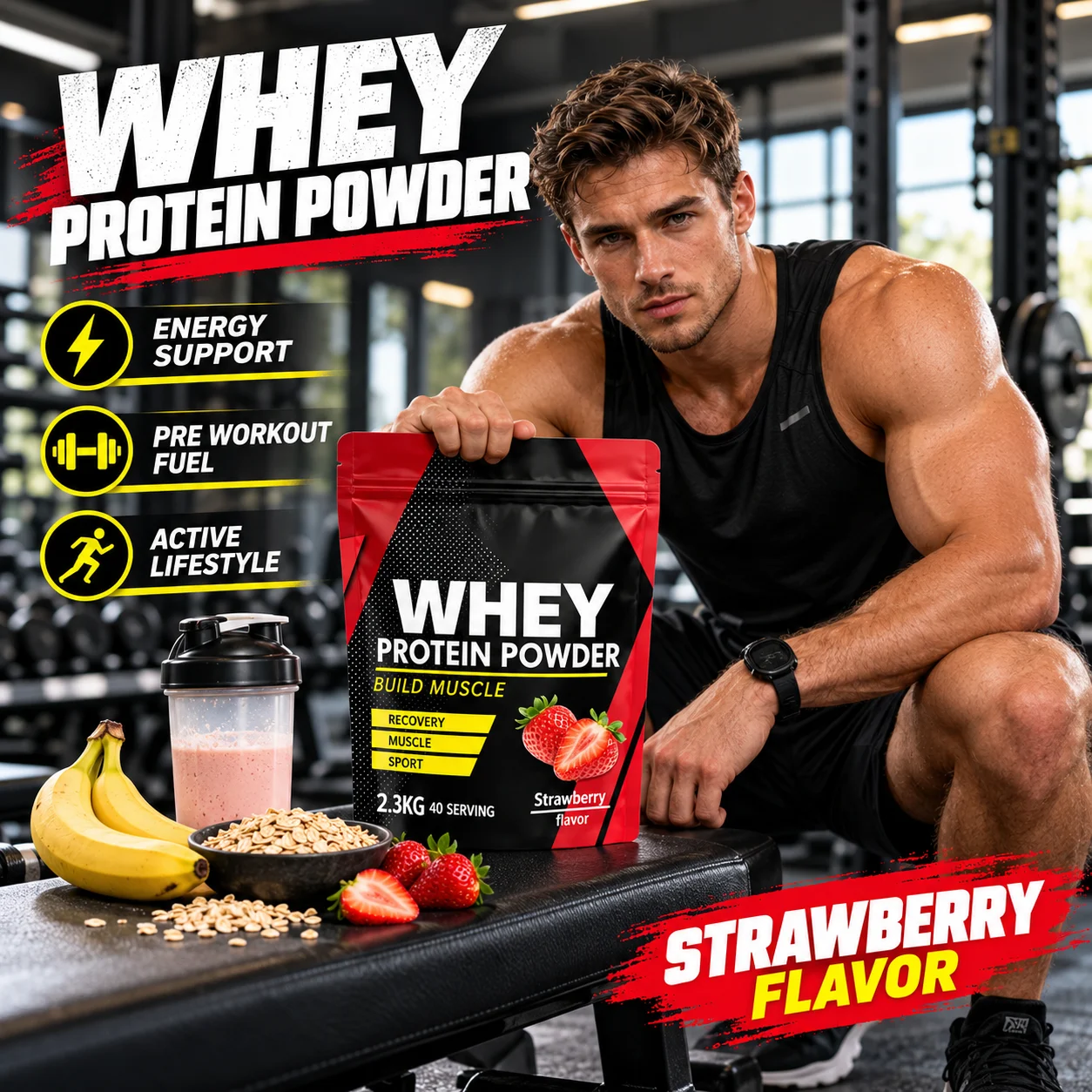 Whey Protein Powder Strawberry Flavor 2.3kg, 40 Servings, Muscle Recovery & Daily Protein Support, OEM ODM Private Label product detail