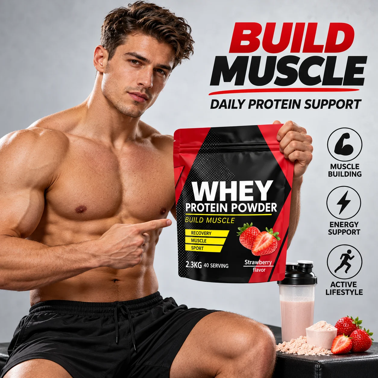 Whey Protein Powder Strawberry Flavor 2.3kg, 40 Servings, Muscle Recovery & Daily Protein Support, OEM ODM Private Label product detail