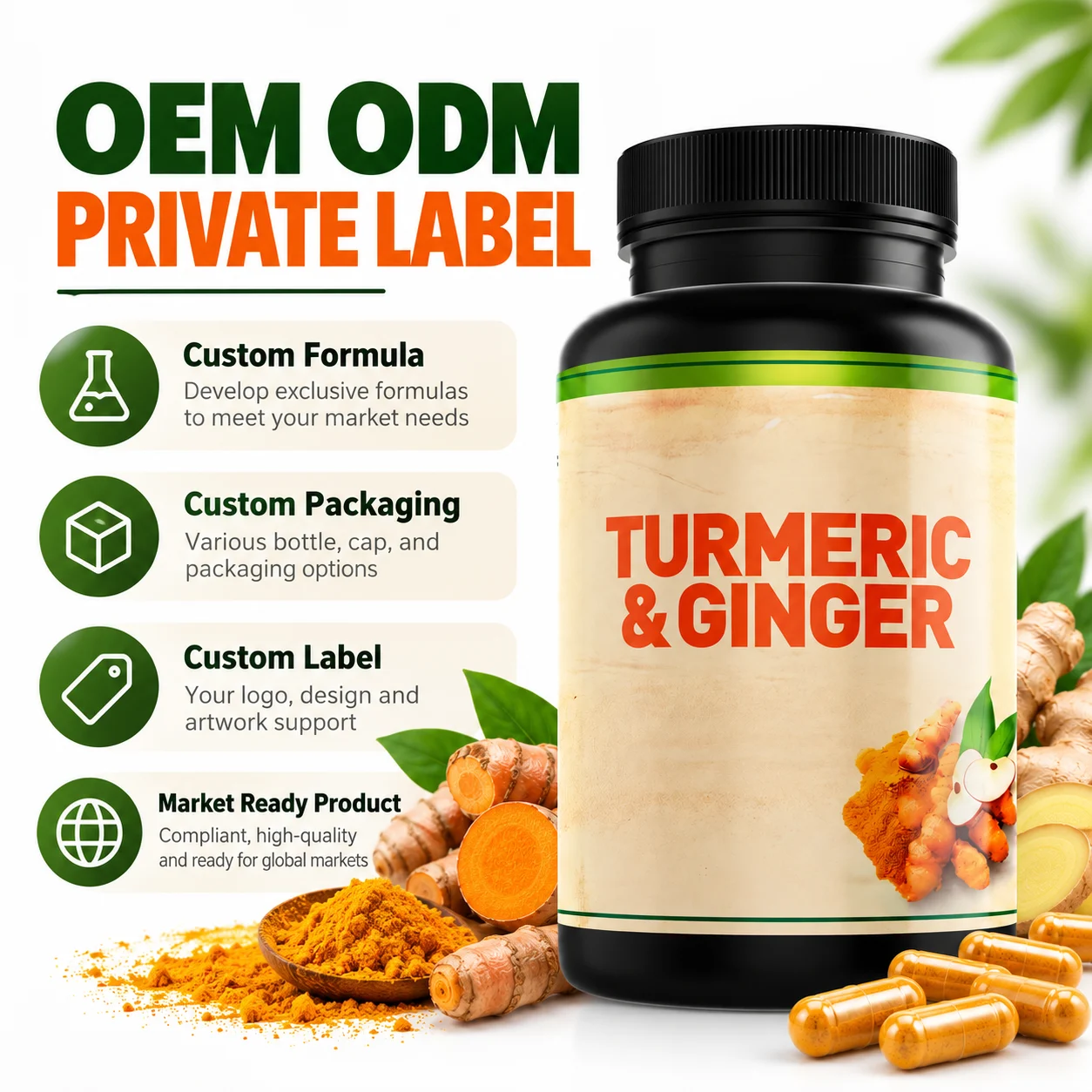 Turmeric & Ginger Herbal Capsules for Joint, Digestive & Daily Wellness Support, OEM ODM Private Label Dietary Supplement