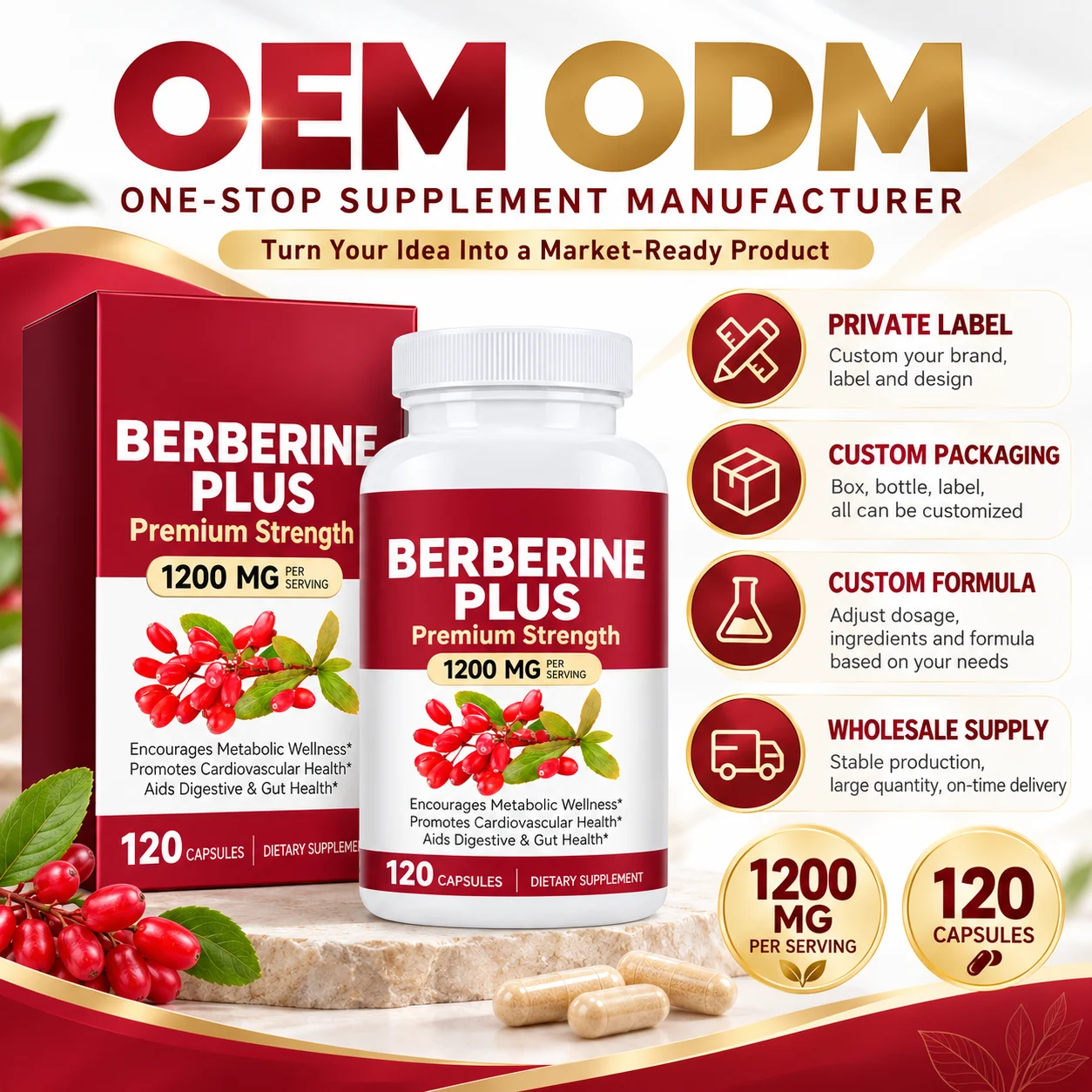 Berberine Plus 1200mg, 120 Capsules for Metabolic, Cardiovascular & Digestive Wellness, OEM ODM Private Label Supplement product detail