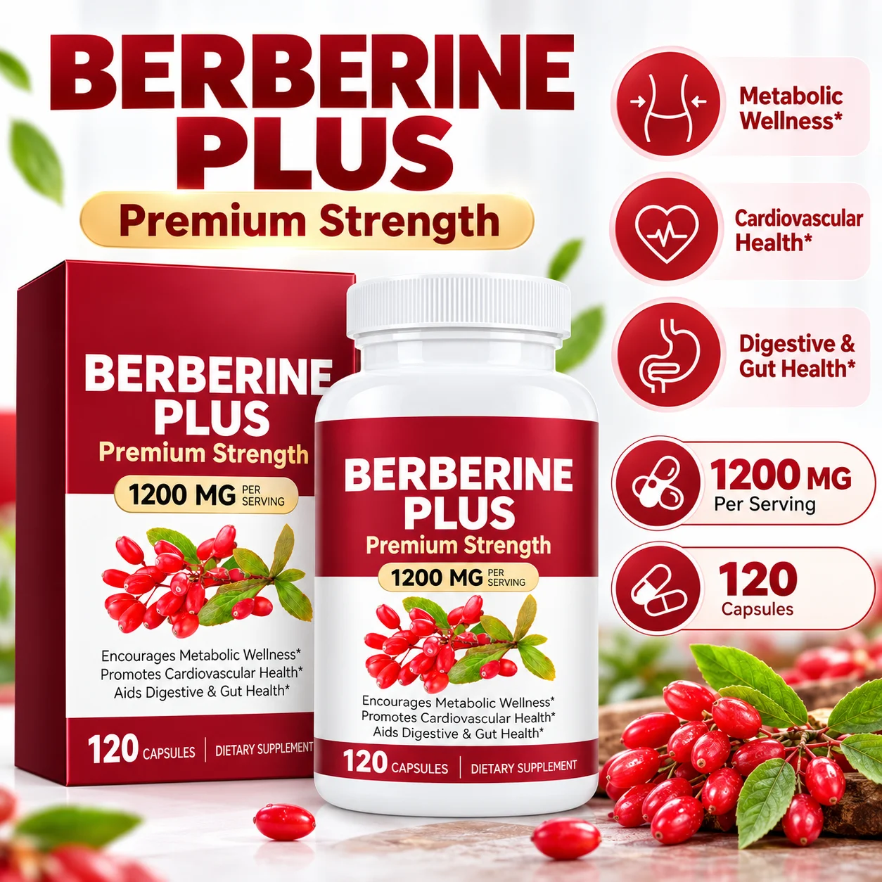 Berberine Plus 1200mg, 120 Capsules for Metabolic, Cardiovascular & Digestive Wellness, OEM ODM Private Label Supplement product detail