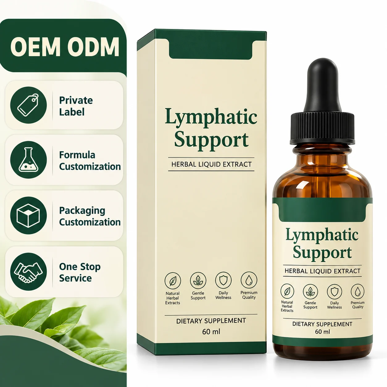 Lymphatic Support Herbal Liquid Extract 60ml, Natural Daily Wellness Drops, OEM ODM Private Label Dietary Supplement