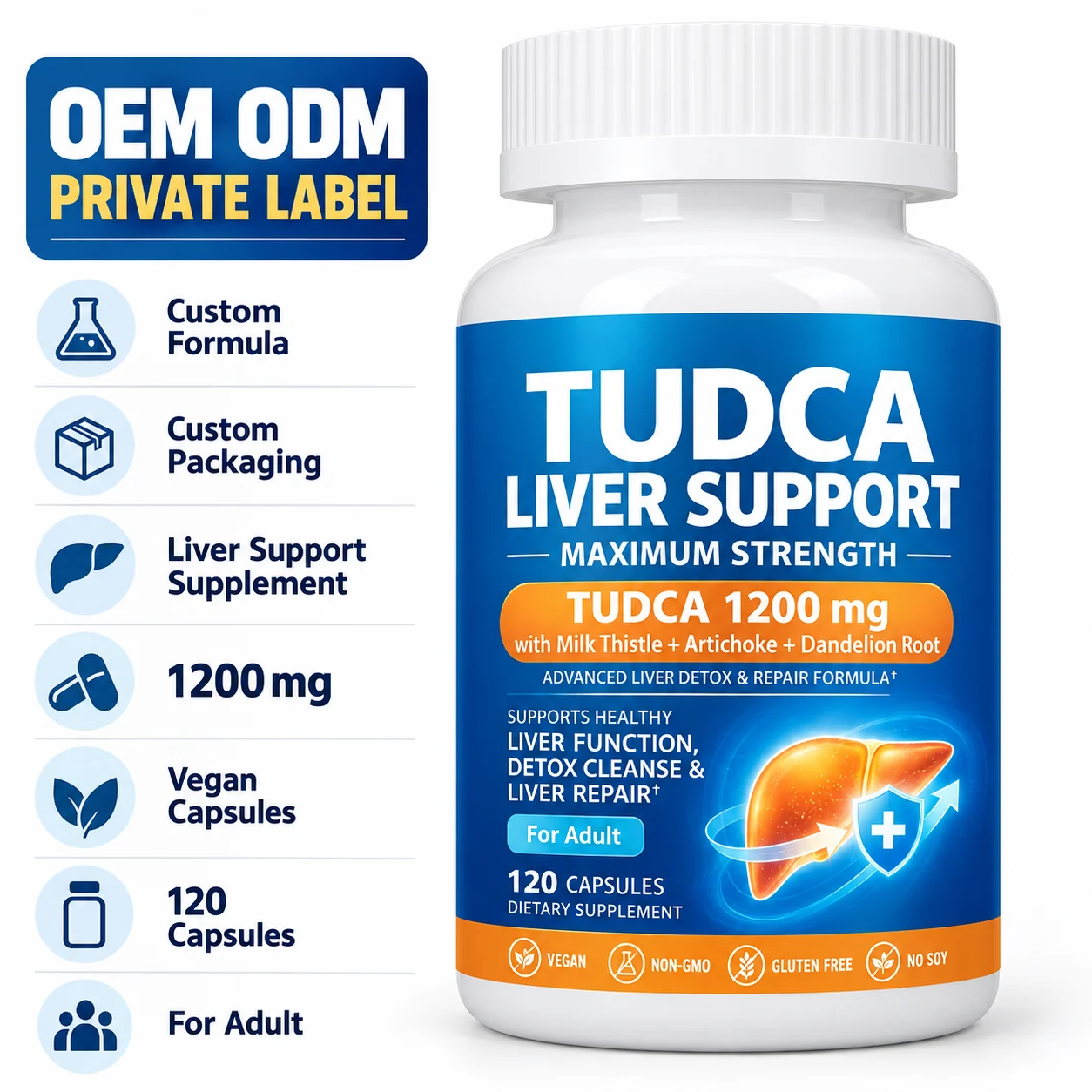 TUDCA Liver Support 1200mg with Milk Thistle, Artichoke & Dandelion Root, 120 Vegan Capsules, OEM ODM Private Label Supplement