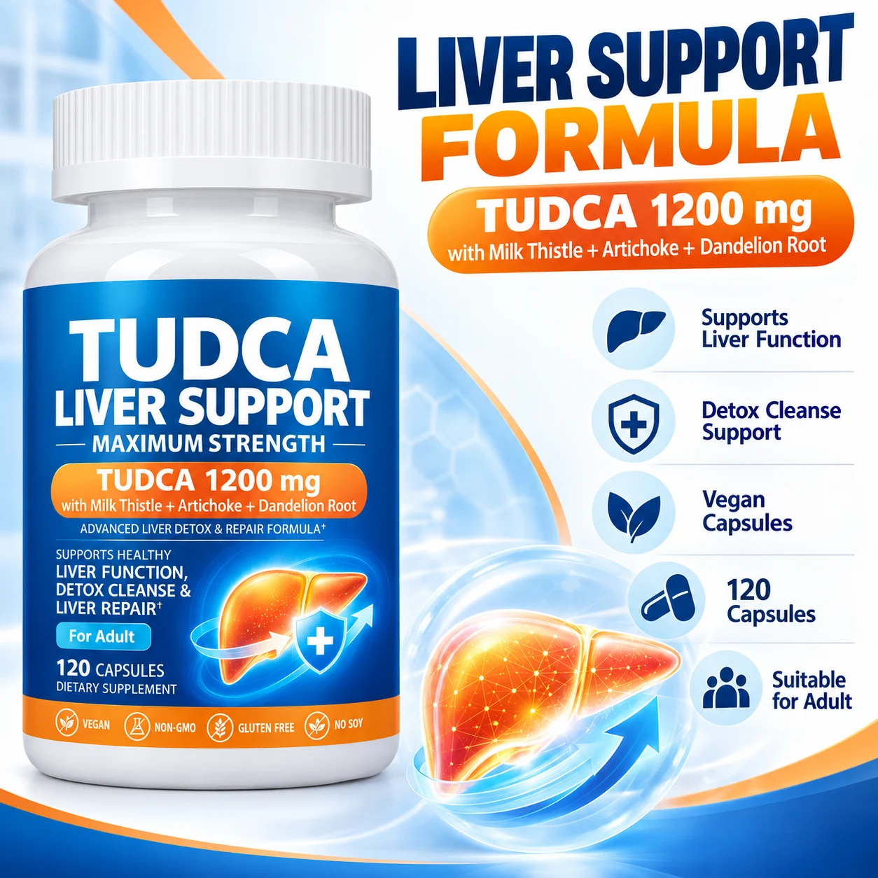 TUDCA Liver Support 1200mg with Milk Thistle, Artichoke & Dandelion Root, 120 Vegan Capsules, OEM ODM Private Label Supplement product detail