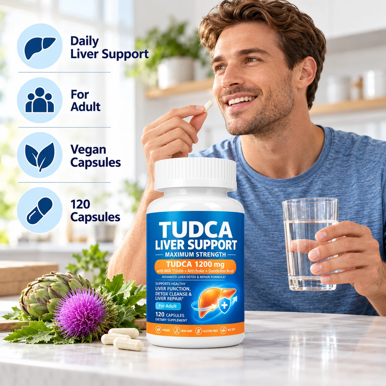 TUDCA Liver Support 1200mg with Milk Thistle, Artichoke & Dandelion Root, 120 Vegan Capsules, OEM ODM Private Label Supplement product detail