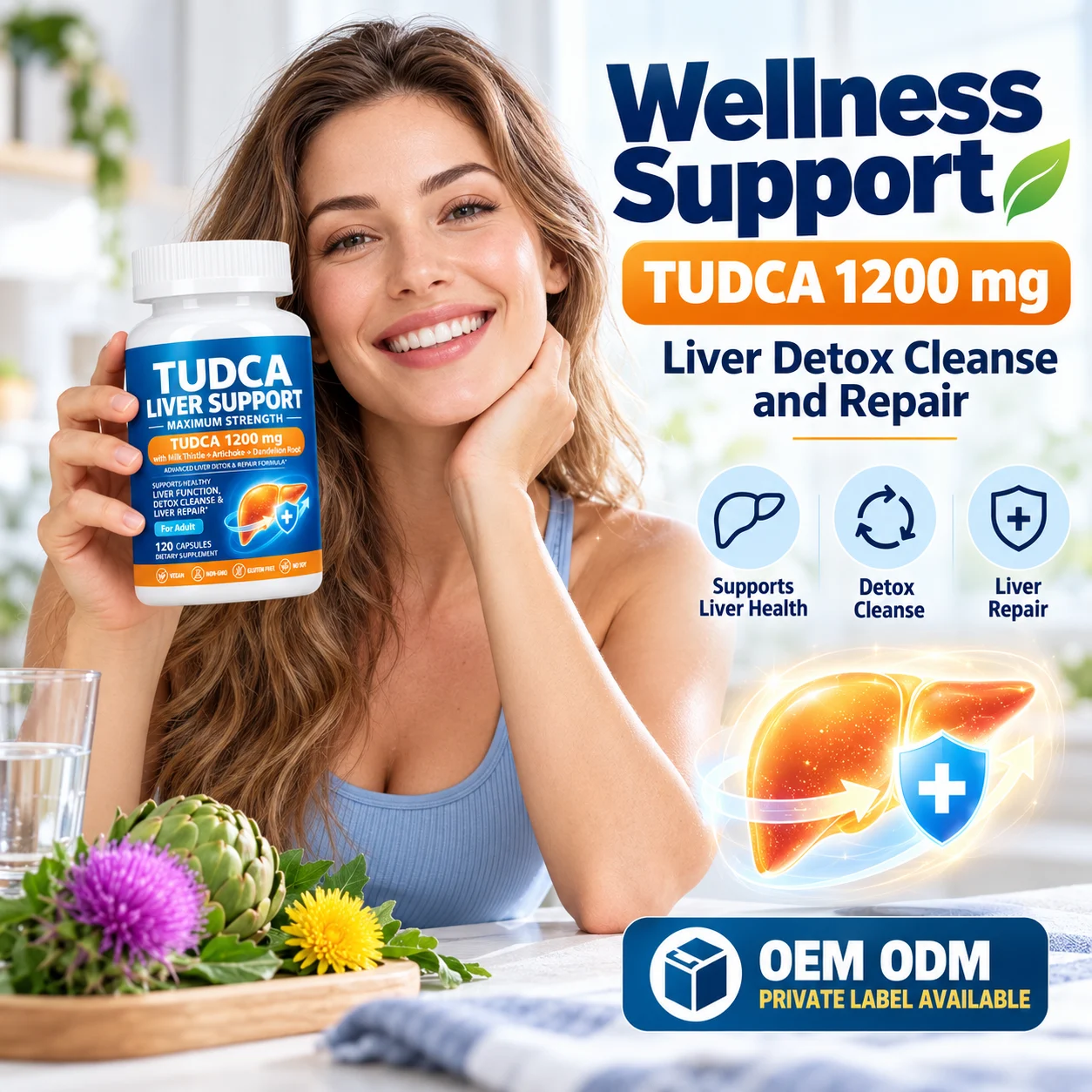 TUDCA Liver Support 1200mg with Milk Thistle, Artichoke & Dandelion Root, 120 Vegan Capsules, OEM ODM Private Label Supplement product detail