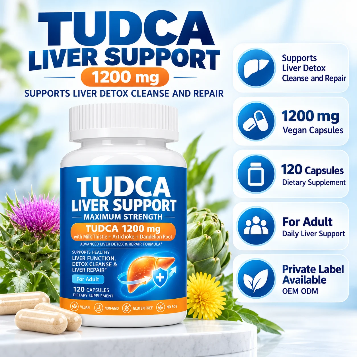 TUDCA Liver Support 1200mg with Milk Thistle, Artichoke & Dandelion Root, 120 Vegan Capsules, OEM ODM Private Label Supplement product detail