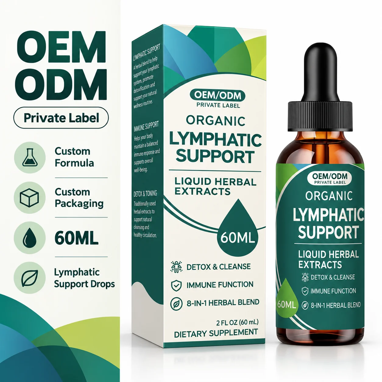 Organic Lymphatic Support Liquid Herbal Extract, 60mL 8-in-1 Herbal Blend with Echinacea Dandelion & Burdock, OEM ODM Private Label Dietary Supplement