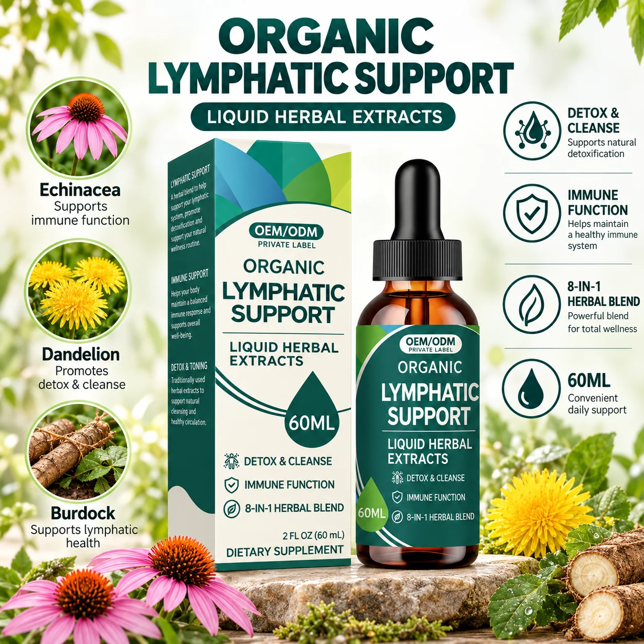 Organic Lymphatic Support Liquid Herbal Extract, 60mL 8-in-1 Herbal Blend with Echinacea Dandelion & Burdock, OEM ODM Private Label Dietary Supplement product detail