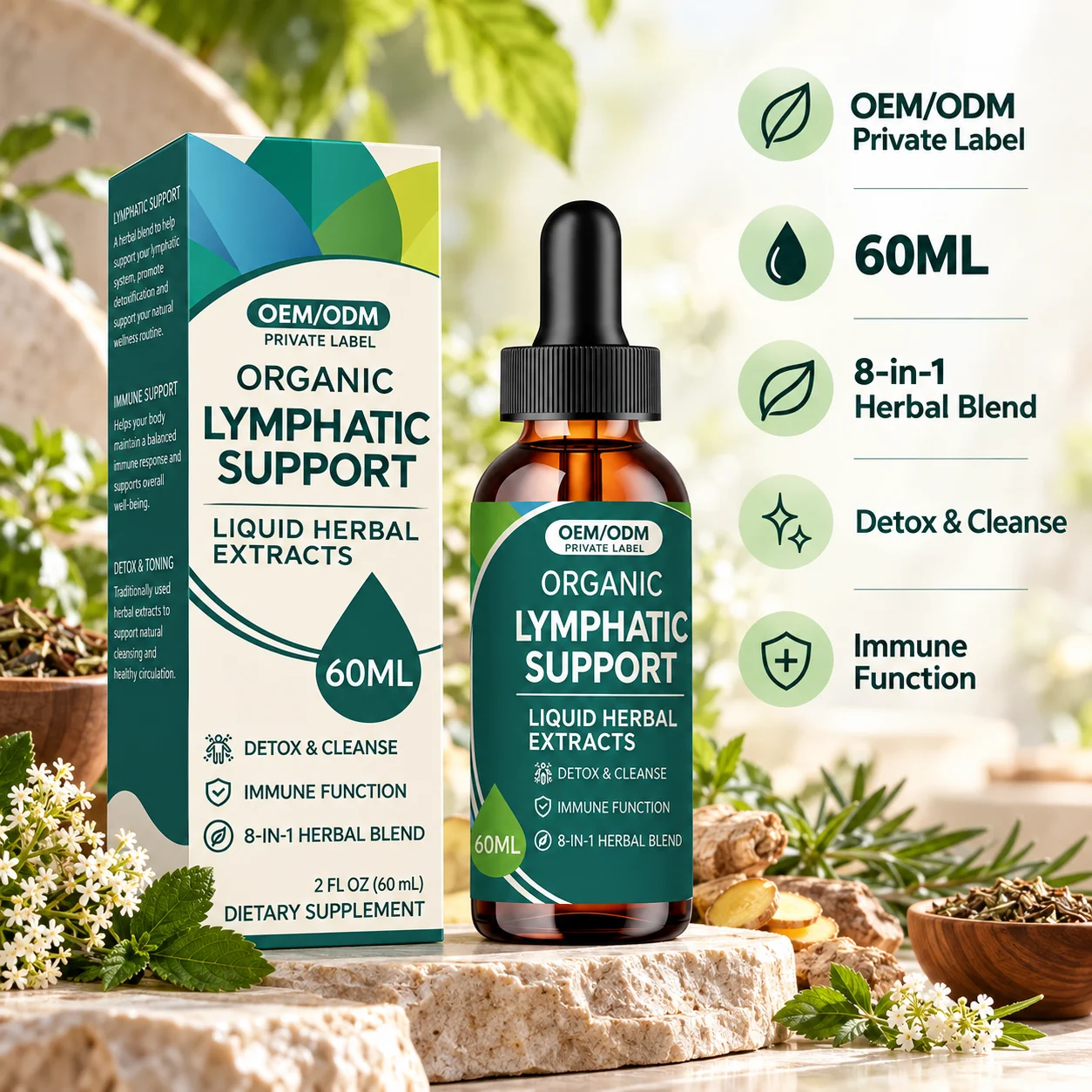 Organic Lymphatic Support Liquid Herbal Extract, 60mL 8-in-1 Herbal Blend with Echinacea Dandelion & Burdock, OEM ODM Private Label Dietary Supplement product detail