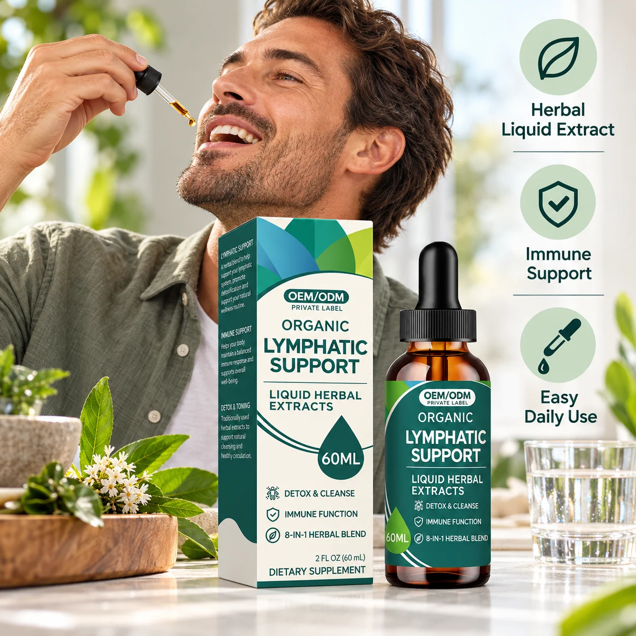Organic Lymphatic Support Liquid Herbal Extract, 60mL 8-in-1 Herbal Blend with Echinacea Dandelion & Burdock, OEM ODM Private Label Dietary Supplement product detail