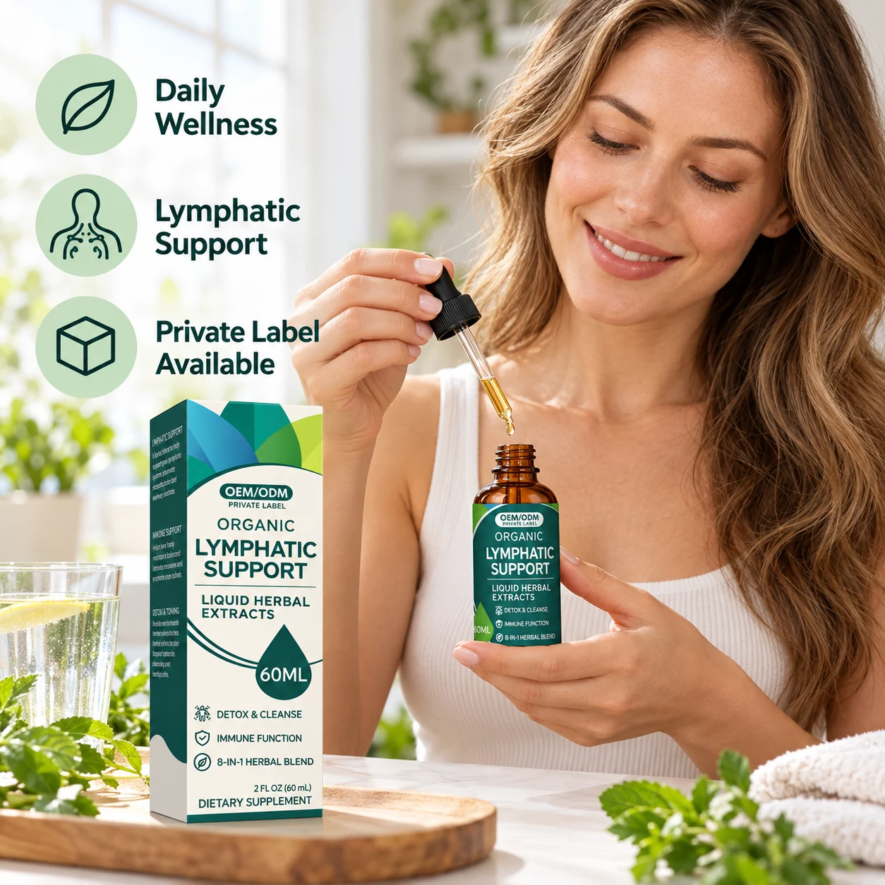 Organic Lymphatic Support Liquid Herbal Extract, 60mL 8-in-1 Herbal Blend with Echinacea Dandelion & Burdock, OEM ODM Private Label Dietary Supplement product detail