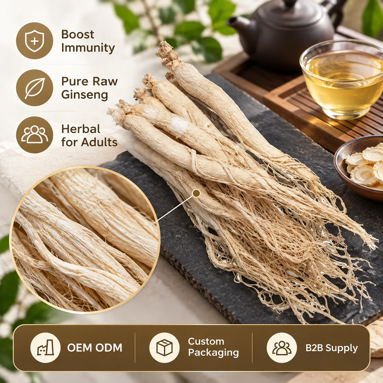 Raw White Ginseng Root, Premium Dried Whole Ginseng Herbal Product for Adults, OEM ODM Private Label Bulk Supply product detail