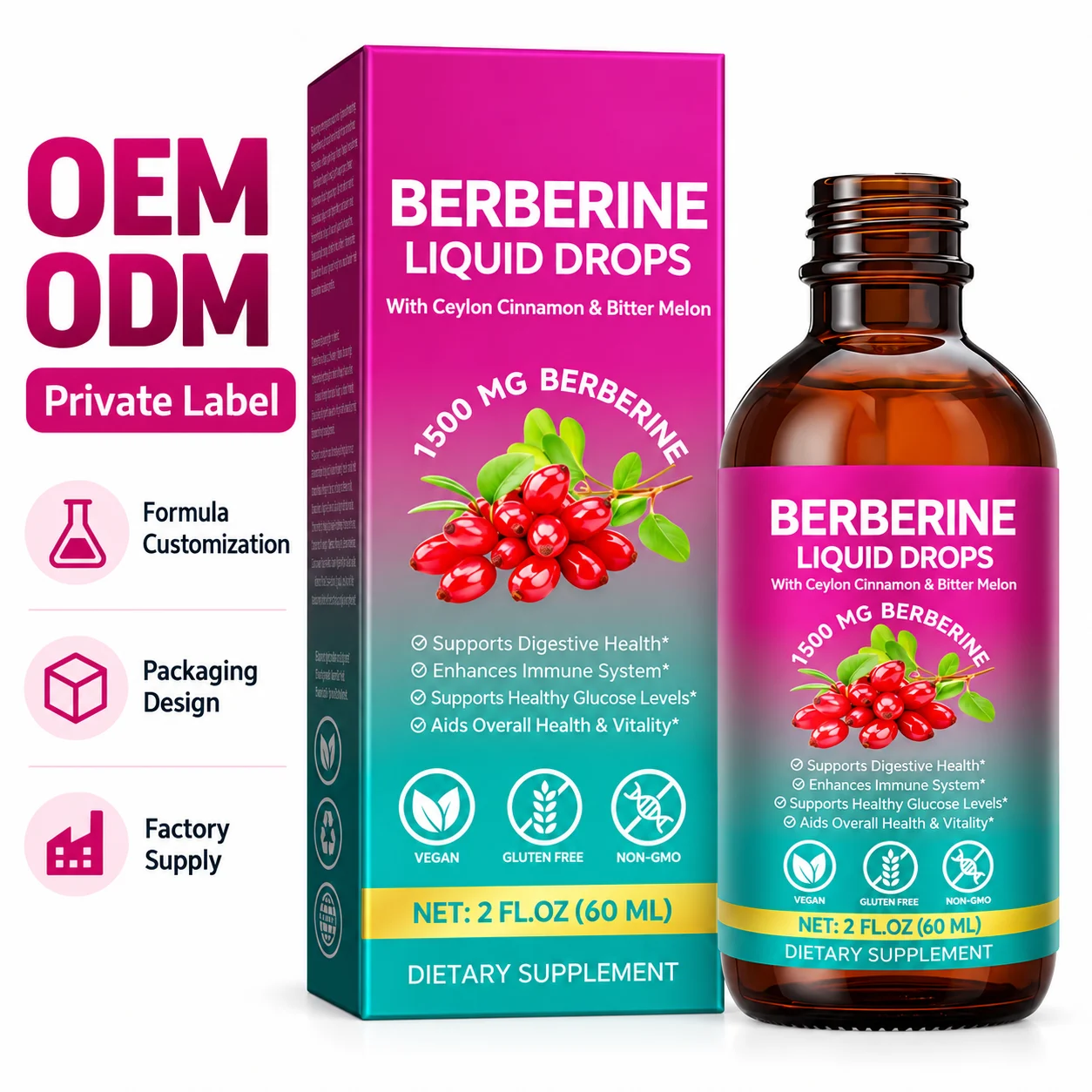 Berberine Liquid Drops 1500mg with Ceylon Cinnamon & Bitter Melon, 60mL Vegan Herbal Supplement, OEM ODM Private Label