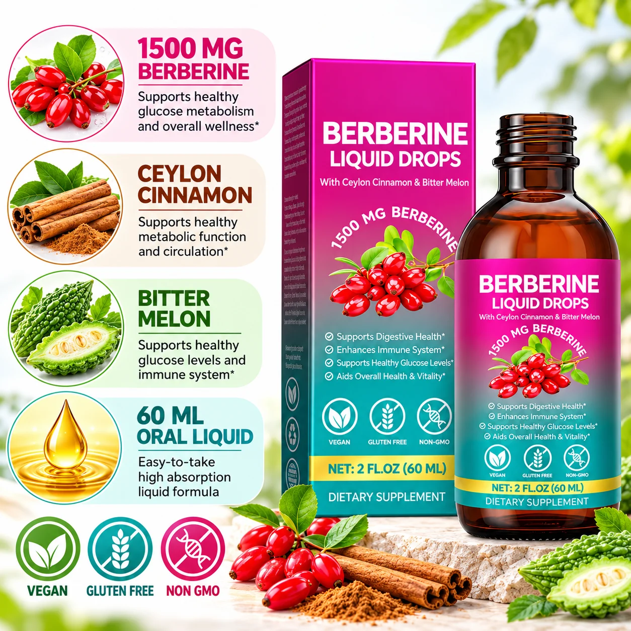 Berberine Liquid Drops 1500mg with Ceylon Cinnamon & Bitter Melon, 60mL Vegan Herbal Supplement, OEM ODM Private Label product detail