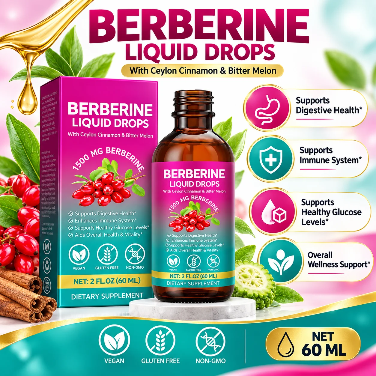 Berberine Liquid Drops 1500mg with Ceylon Cinnamon & Bitter Melon, 60mL Vegan Herbal Supplement, OEM ODM Private Label product detail