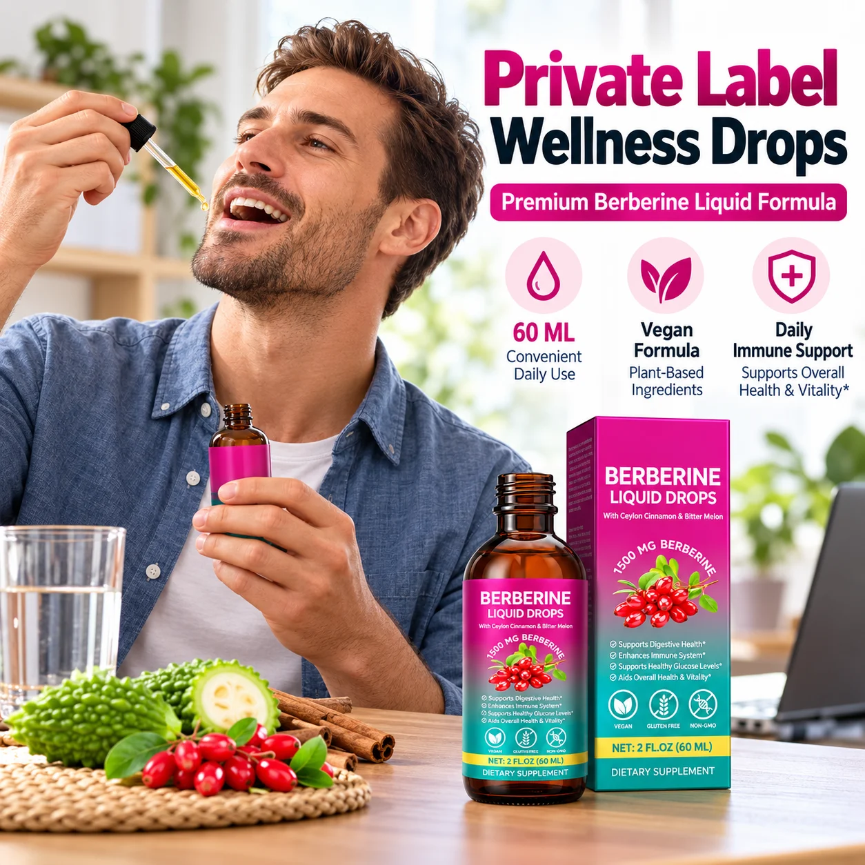 Berberine Liquid Drops 1500mg with Ceylon Cinnamon & Bitter Melon, 60mL Vegan Herbal Supplement, OEM ODM Private Label product detail