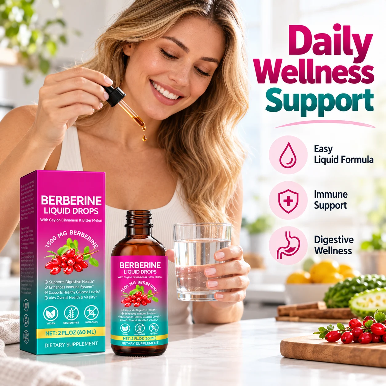 Berberine Liquid Drops 1500mg with Ceylon Cinnamon & Bitter Melon, 60mL Vegan Herbal Supplement, OEM ODM Private Label product detail