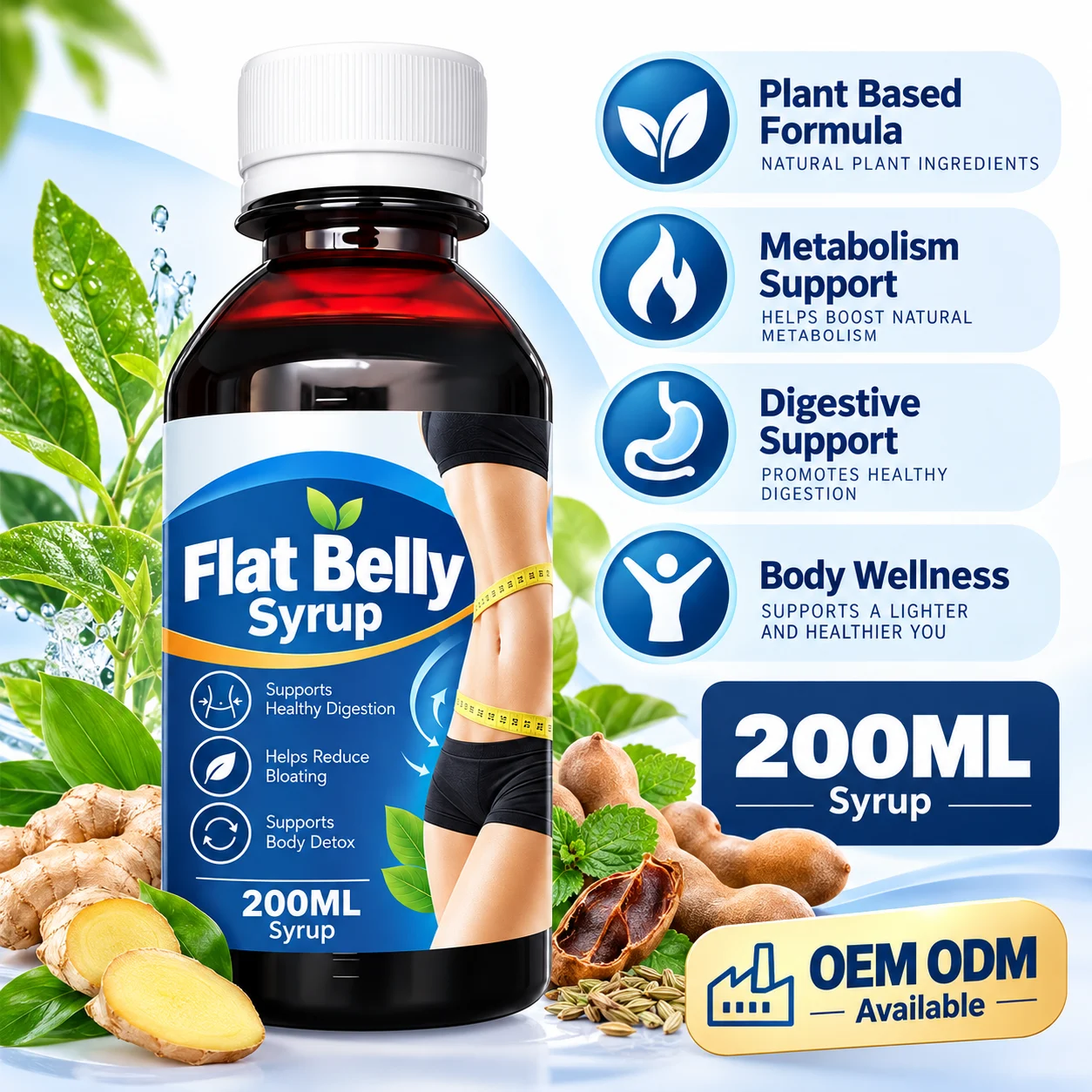 Flat Belly Syrup 200mL Plant-Based Herbal Wellness Formula for Digestive & Metabolism Support, OEM ODM Private Label product detail