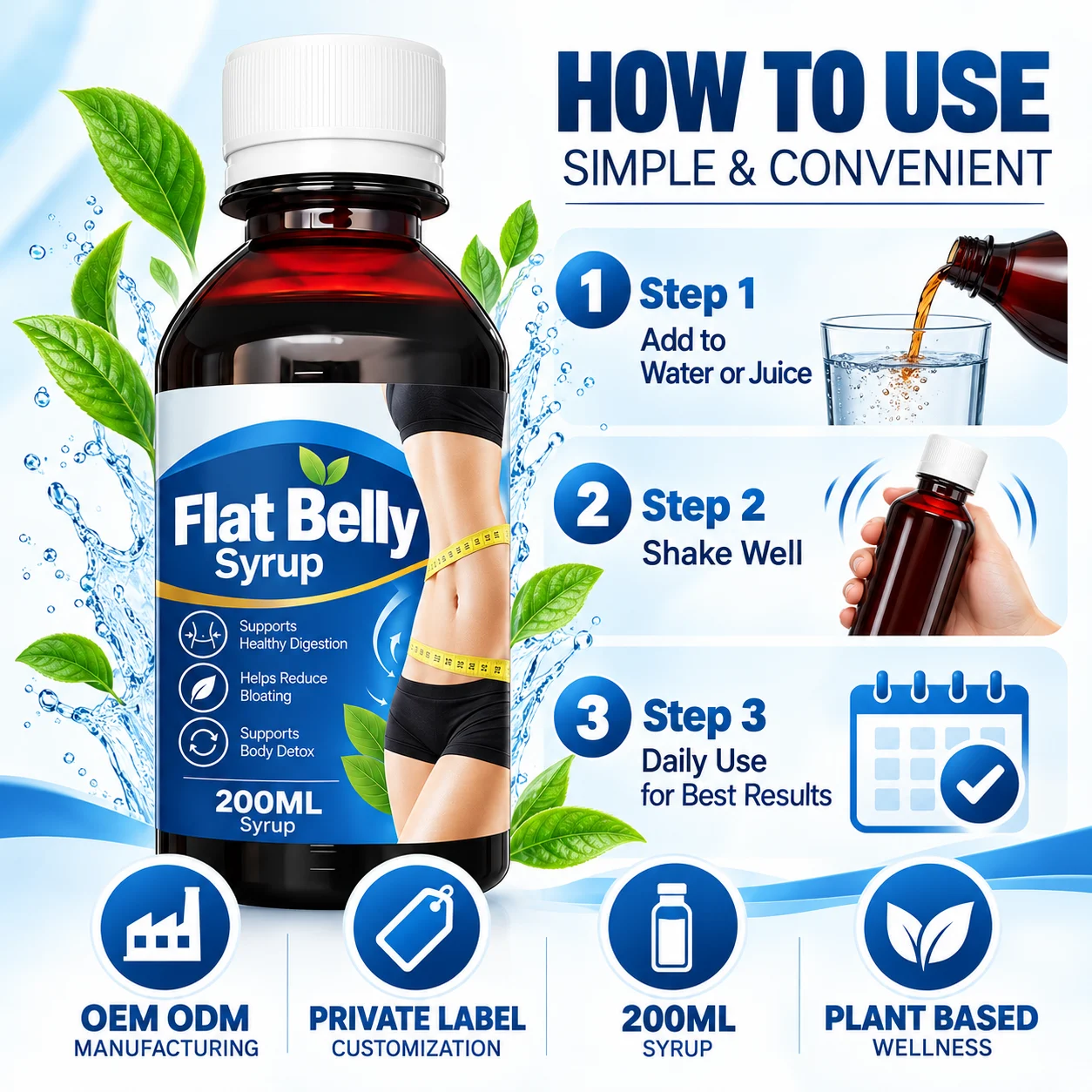 Flat Belly Syrup 200mL Plant-Based Herbal Wellness Formula for Digestive & Metabolism Support, OEM ODM Private Label product detail