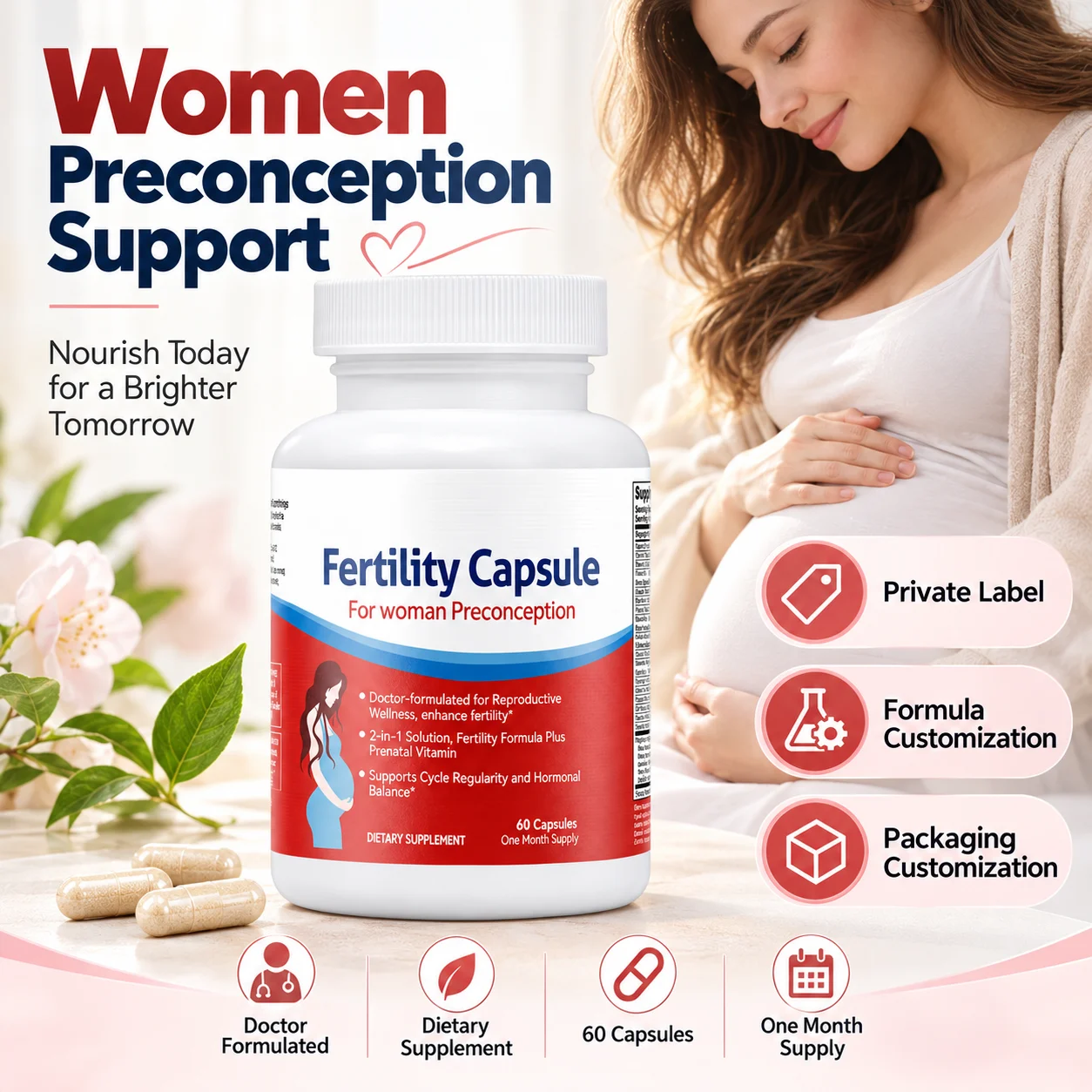 Wholesale Women’s Fertility Preconception Capsules with Prenatal Support for Reproductive Wellness, Cycle Balance, OEM ODM Private Label product detail