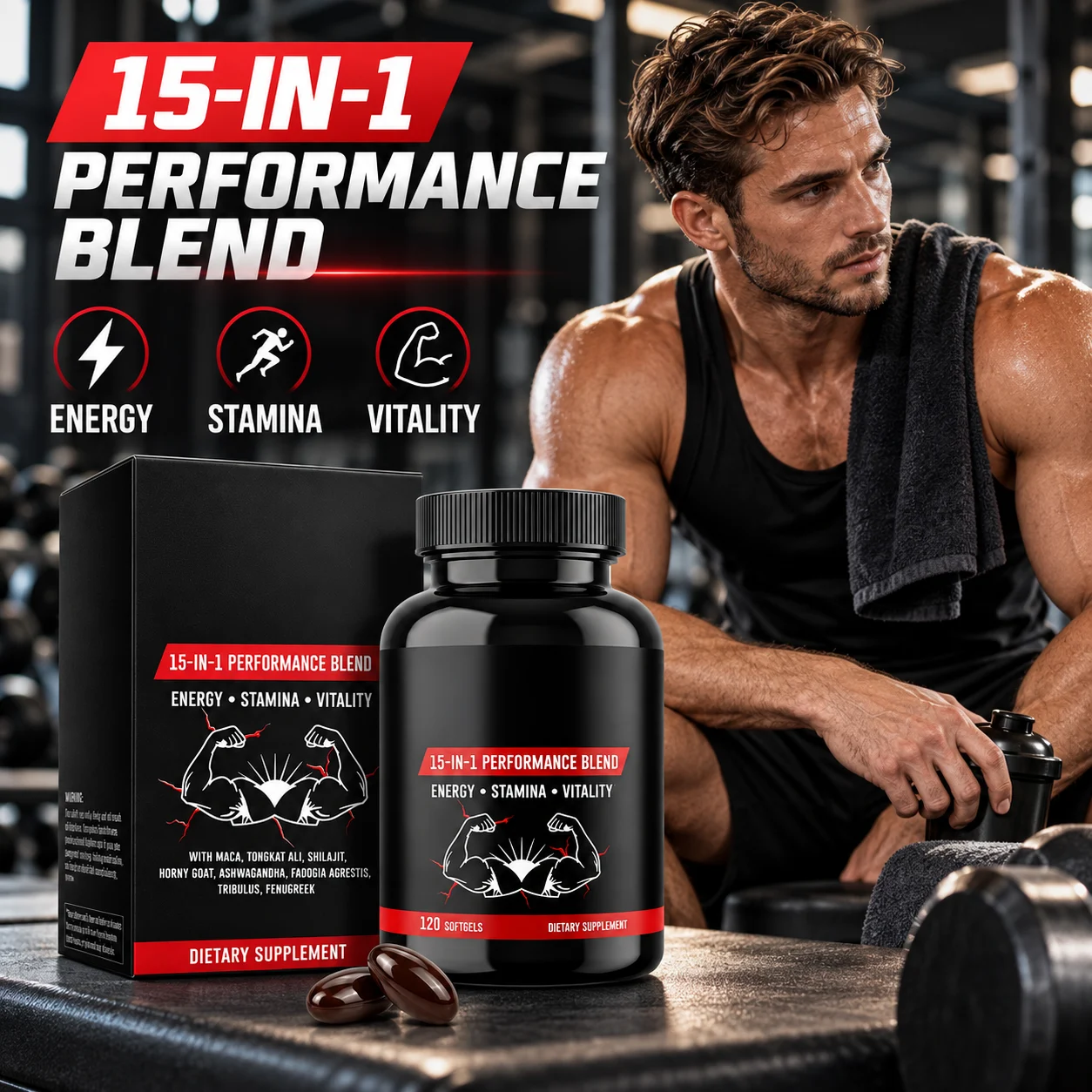 15-in-1 Performance Blend Softgels, Men’s Energy Stamina Vitality Dietary Supplement product detail