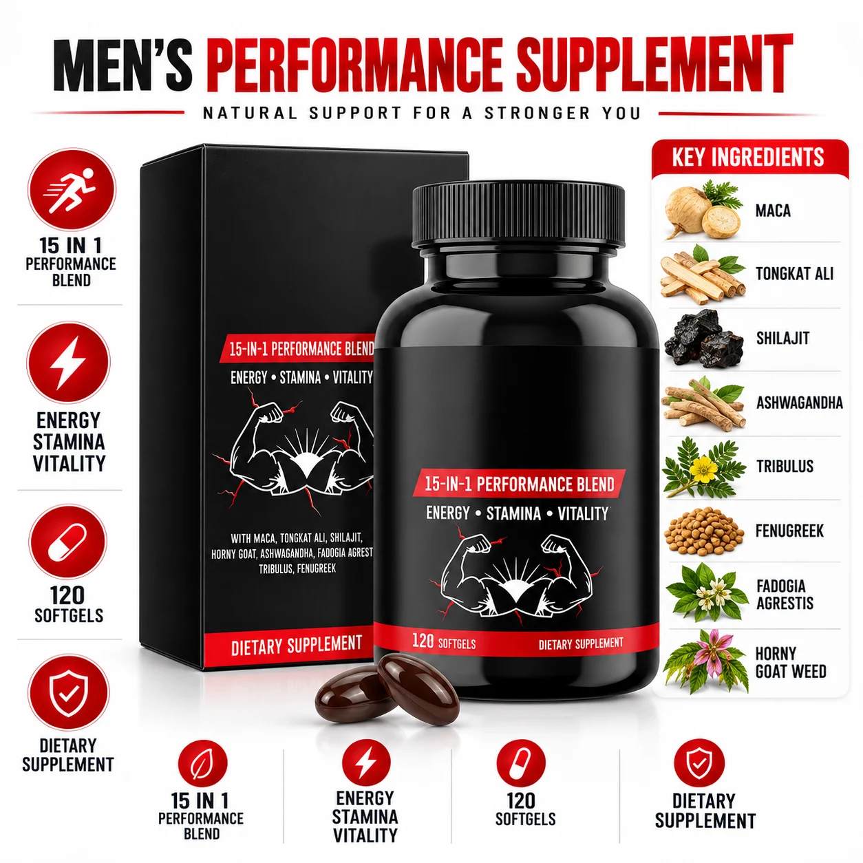 15-in-1 Performance Blend Softgels, Men’s Energy Stamina Vitality Dietary Supplement product detail