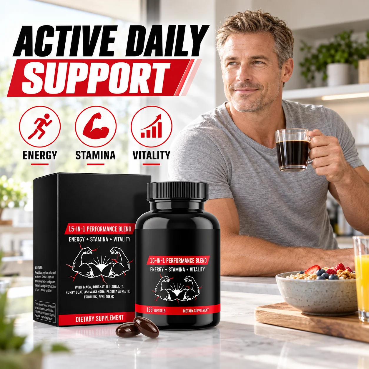 15-in-1 Performance Blend Softgels, Men’s Energy Stamina Vitality Dietary Supplement product detail