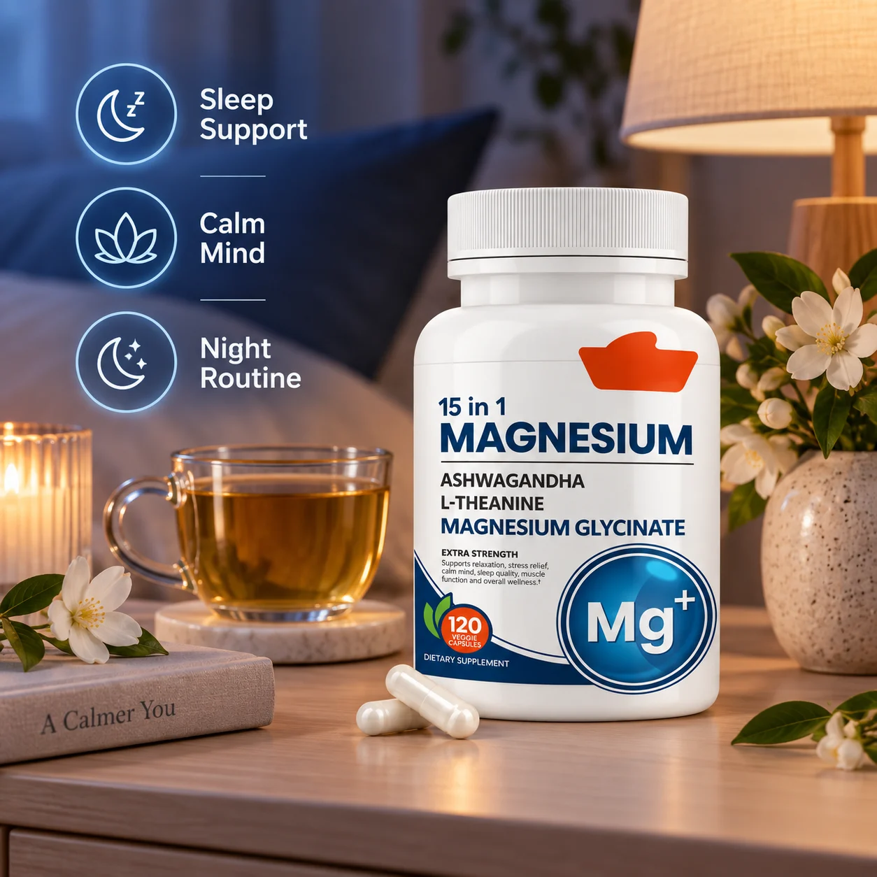 15 in 1 Magnesium Glycinate Veggie Capsules, Ashwagandha & L-Theanine Relaxation Sleep Support Dietary Supplement product detail