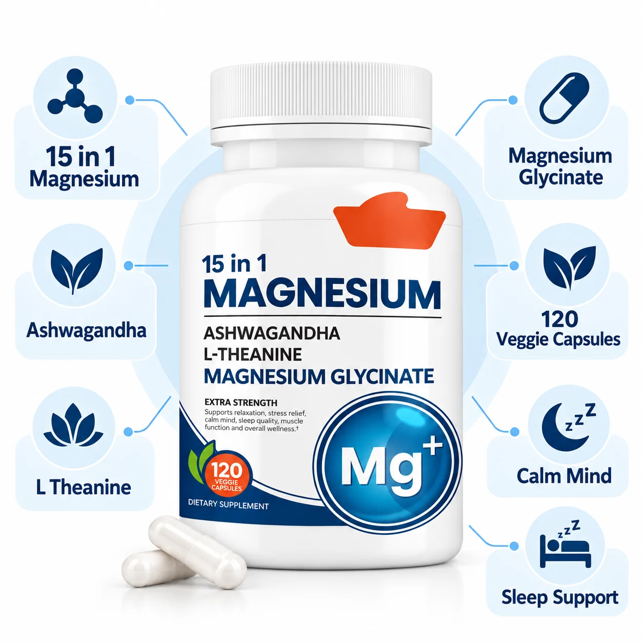 15 in 1 Magnesium Glycinate Veggie Capsules, Ashwagandha & L-Theanine Relaxation Sleep Support Dietary Supplement product detail