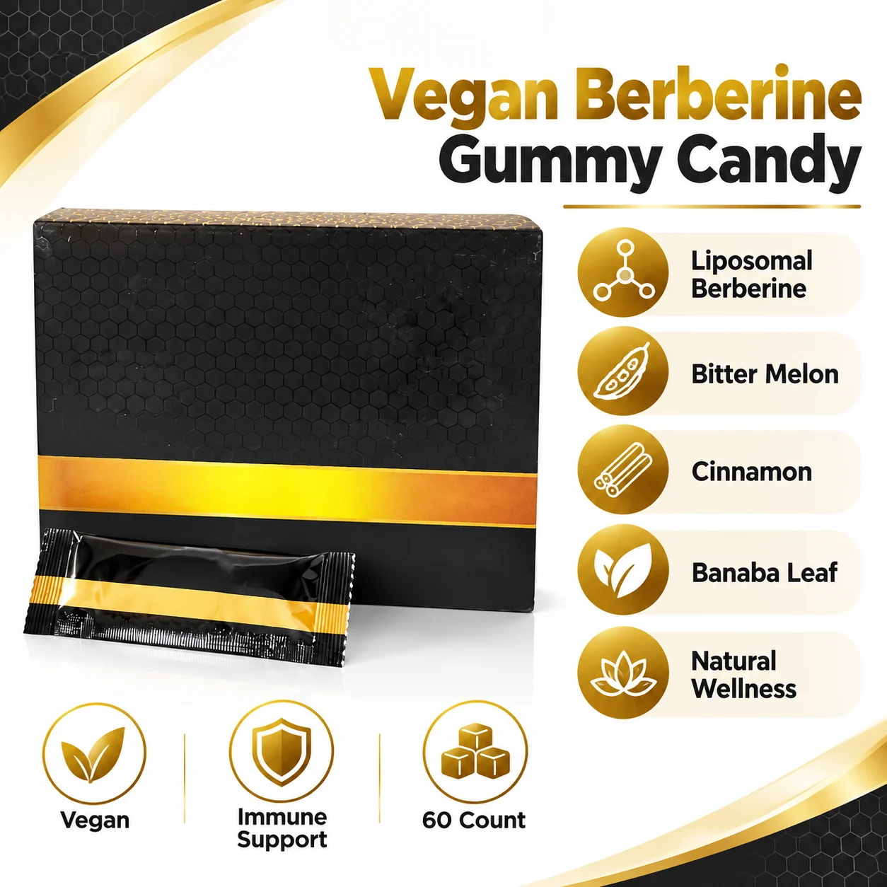 Vegan Berberine Gummy Candy, Liposomal Berberine with Bitter Melon, Cinnamon & Banaba Leaf, Immune Support Wellness Supplement, 60 Count product detail